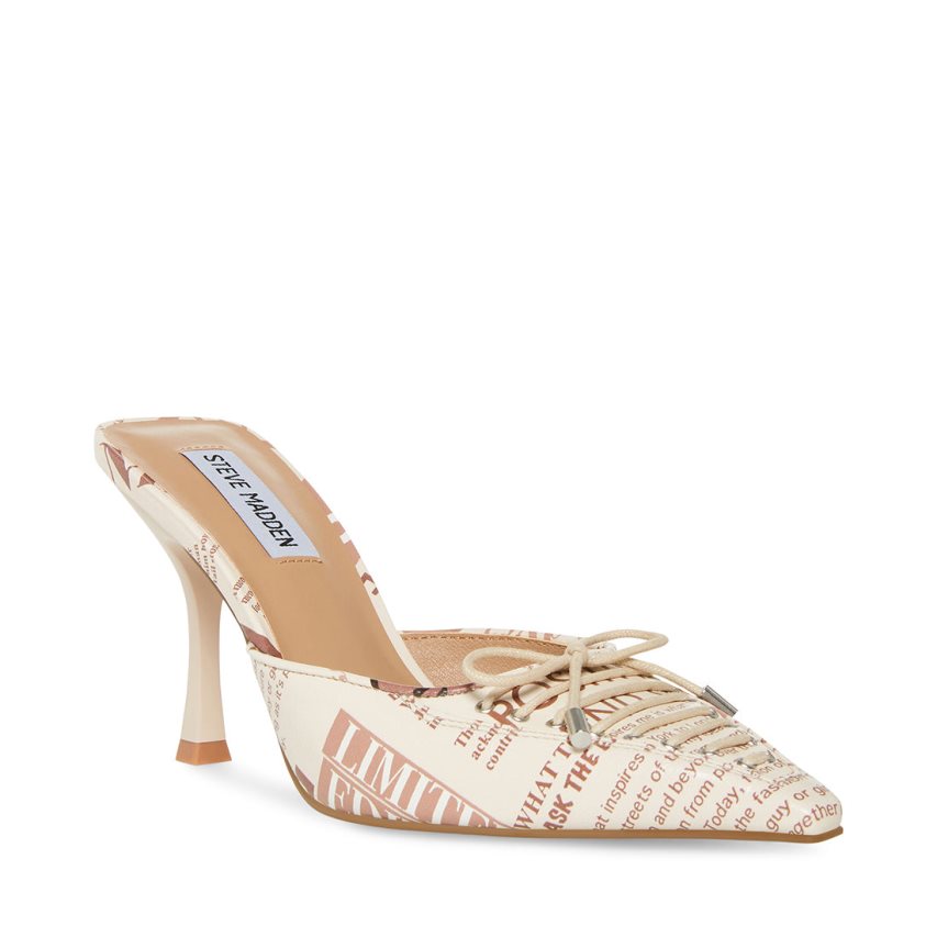 Mules γυναικεια Steve Madden Brianne Newspaper Print ασπρα | GR-9826YKO
