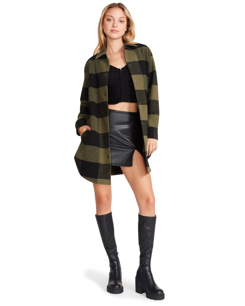 παλτό γυναικεια Steve Madden Eldridge Plaid Ελιά μαυρα | GR-2357DVT