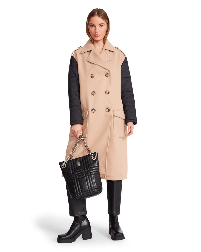 παλτό γυναικεια Steve Madden Savannah Fabric Μπεζ μαυρα | GR-84O7WIT