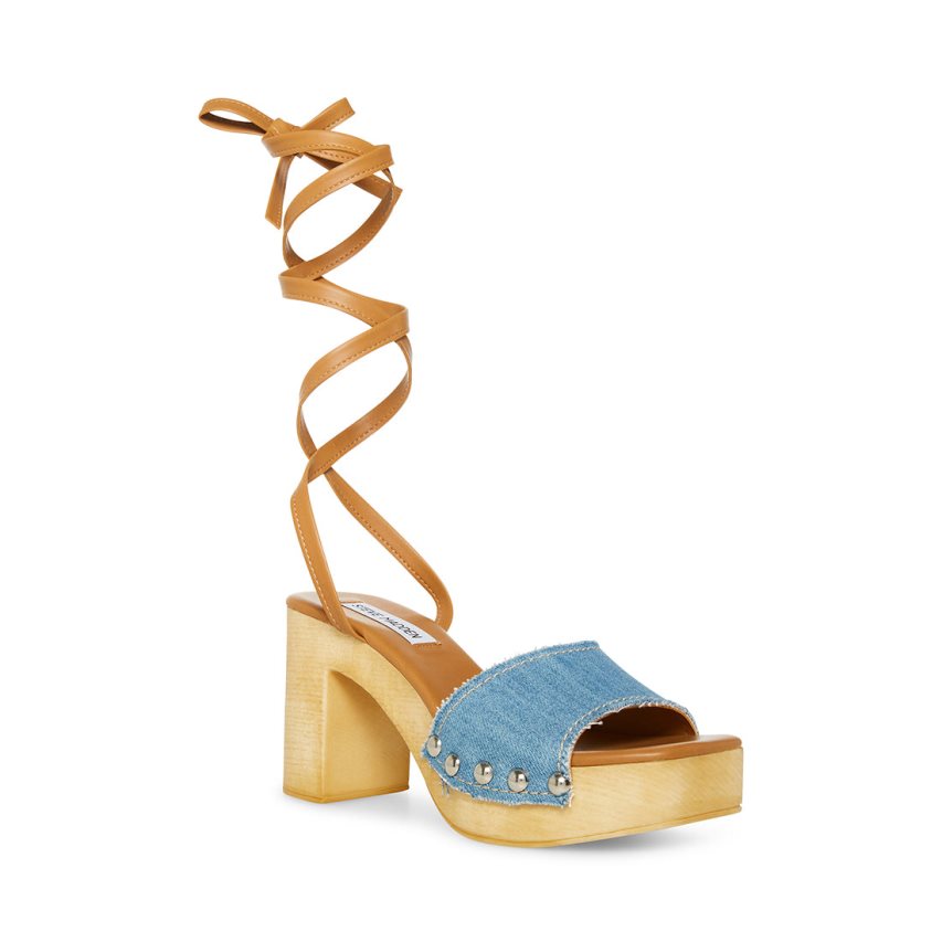 σανδαλια με τακουνι γυναικεια Steve Madden Tenley Denim Fabric μπλε | GR-6524HNR