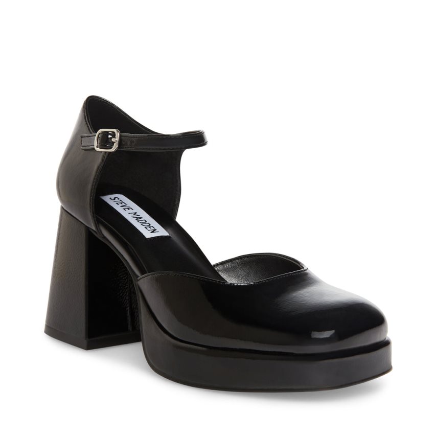 σανδαλια με τακουνι γυναικεια Steve Madden Mimi λουστρινι μαυρα | GR-85O6CQF