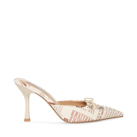 Mules γυναικεια Steve Madden Brianne Newspaper Print ασπρα | GR-9826YKO
